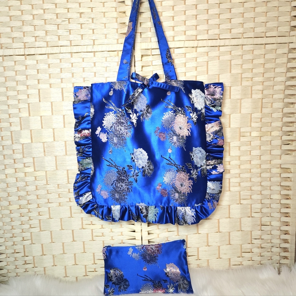 Handmade Satin Ruffle Tote Bag Fully Lined With Zipper Pouch